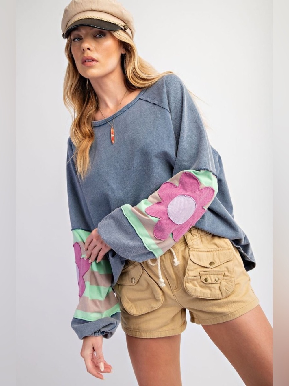 Easel Elora Petal Patch Pullover Top in Washed Denim large